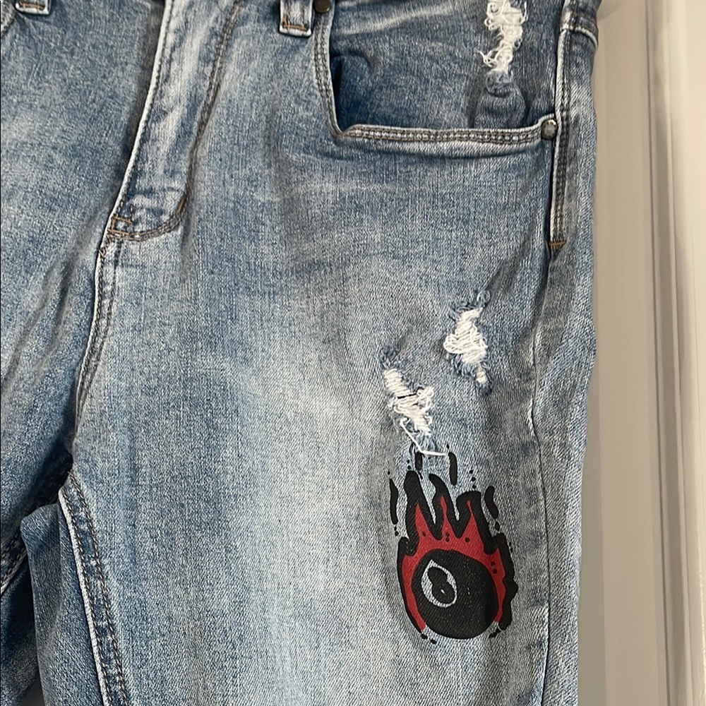 Blue Distressed Graphic Mens Jeans - Picture 3 of 9